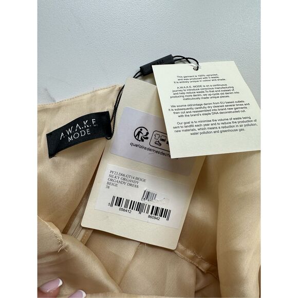 NWT AWAKE Mode Sleeveless Asymmetric Hem Silky Organza Midi Dress Beige Size FR3 - Picture 10 of 10